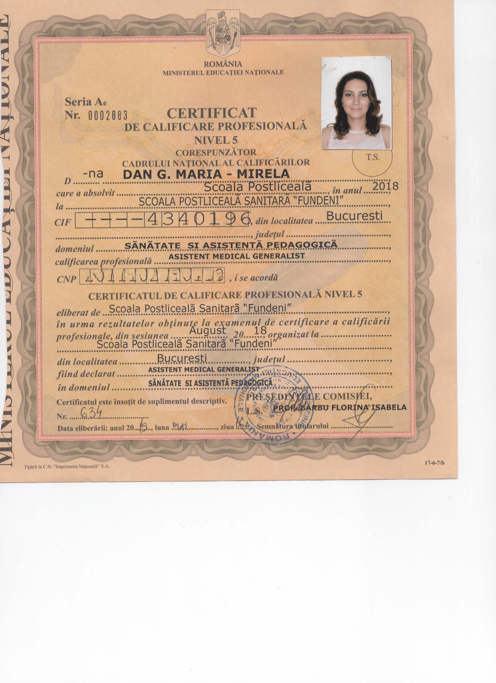 Diploma de studii Maria